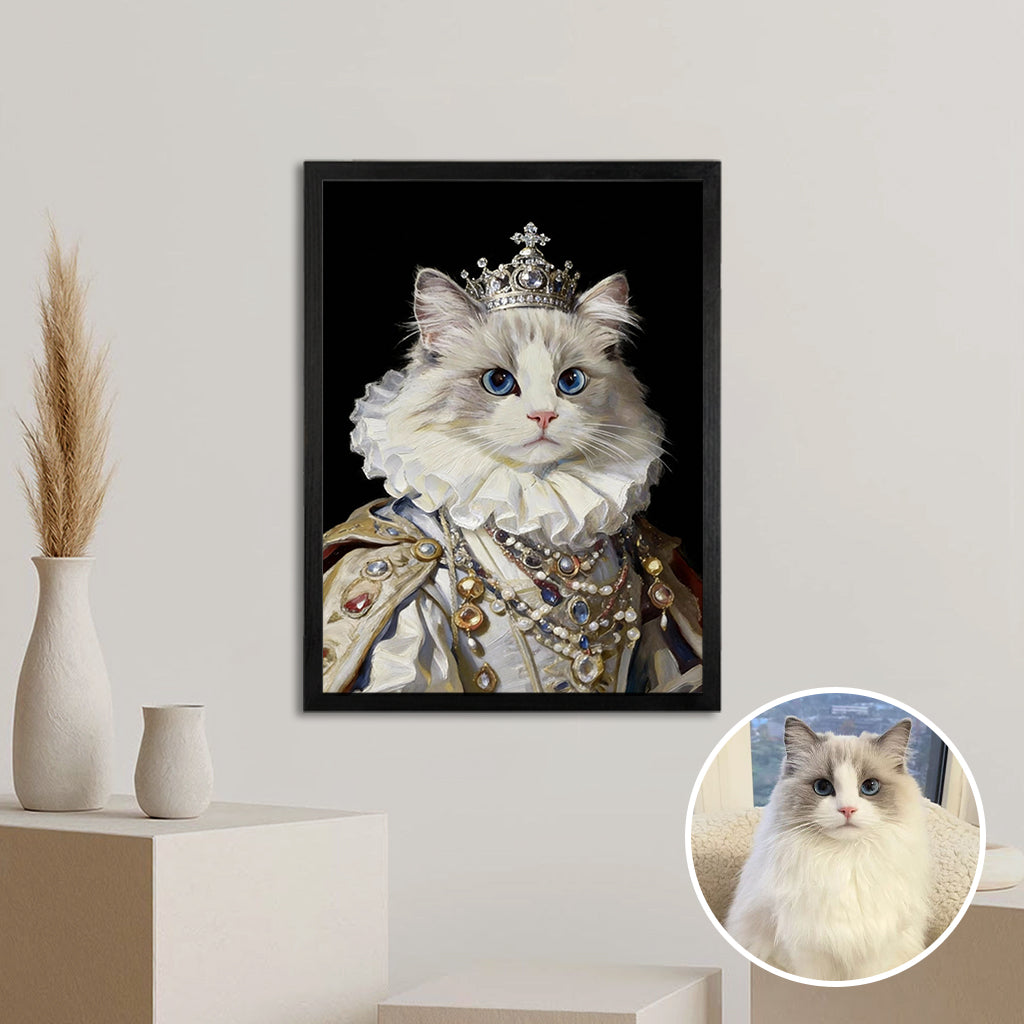 Royal queen-themed custom pet portrait on wood panel displayed on a home wall