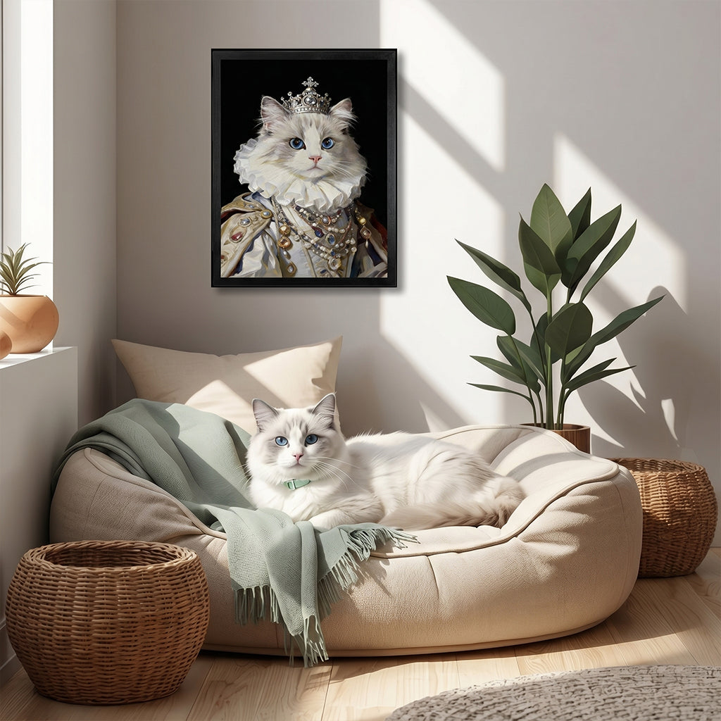 Custom queen pet portrait on wood shown in 8x12 and 16x20 size options