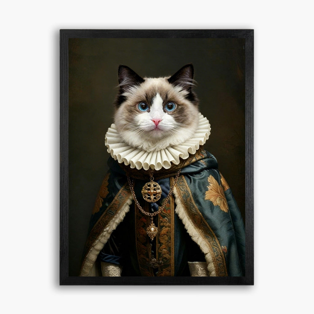 Custom royal pet portrait on wood with pet dressed in rich regal robes as personalized wall art