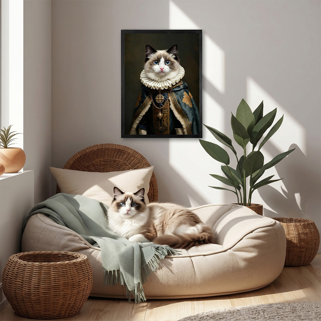 Custom royal pet portrait on wood shown in 8x12 and 16x20 size options