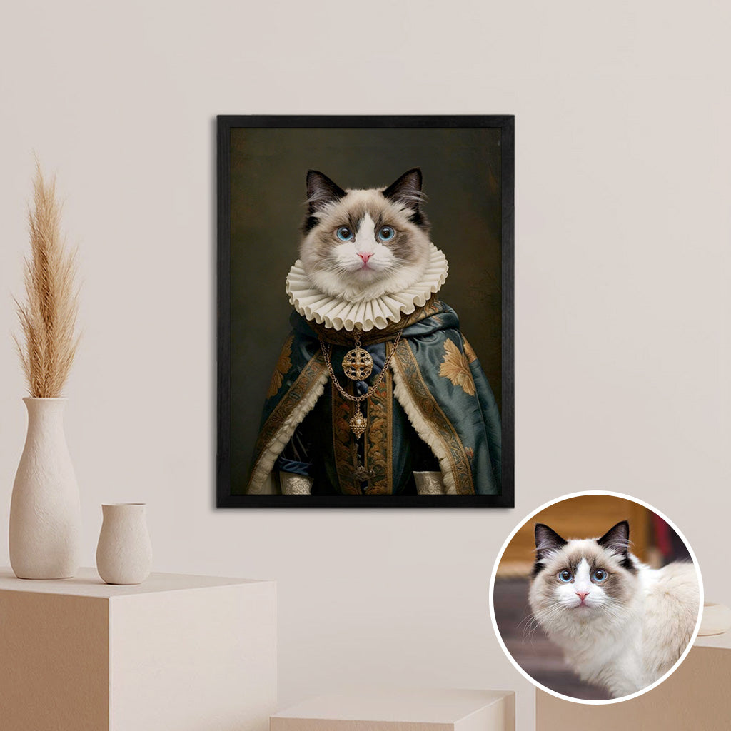Regal-themed custom pet portrait on wood panel displayed on a home accent wall