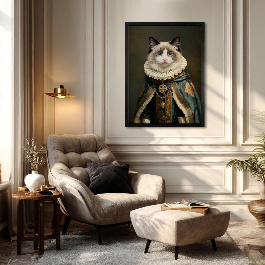 Close-up of royal robe and crest detail on a custom regal pet portrait printed on wood
