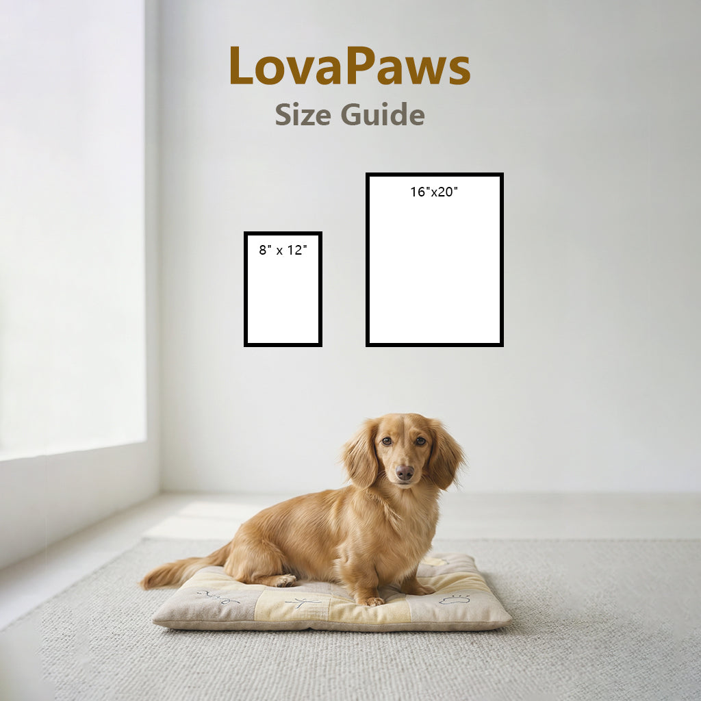 Size guide for custom oil-style pet portrait on wood showing 8x12 and 16x20 print dimensions