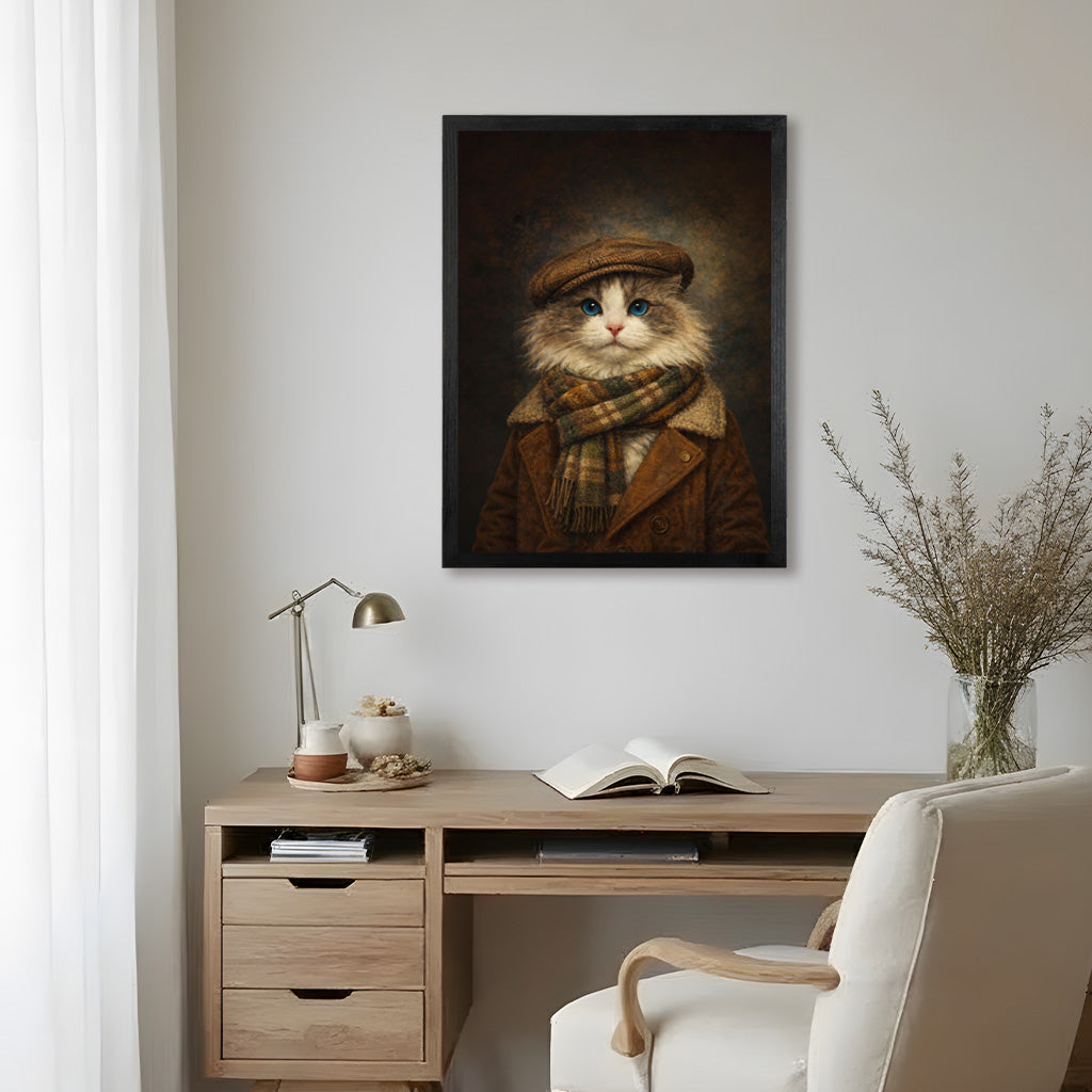 Close-up of retro-styled custom pet portrait printed on wood showing grain texture and color detail
