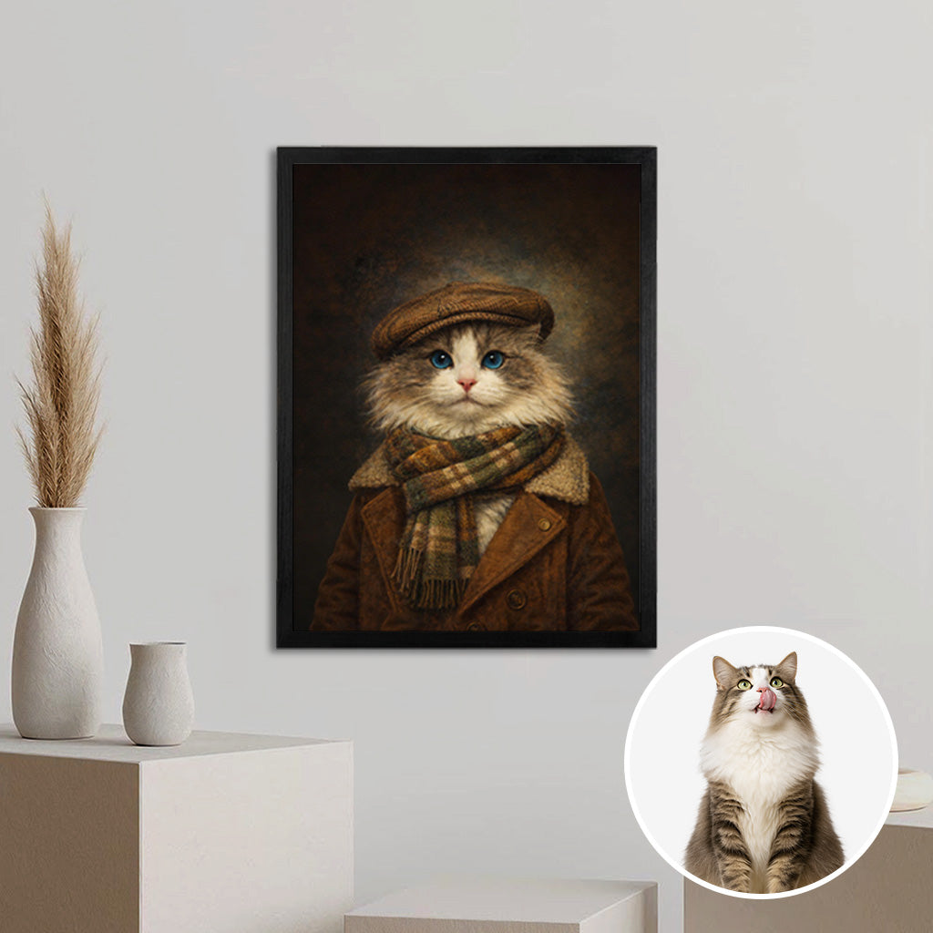 Vintage-style custom pet portrait on wood plank displayed on a warm living room wall