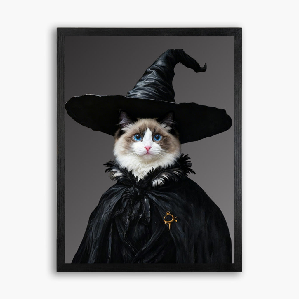 Custom witch pet portrait on wood with pet in a dramatic witch hat and cloak as spooky Halloween wall art