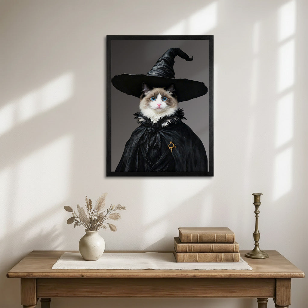 Close-up of witch hat and moody cloak detail on a custom Halloween pet portrait printed on wood