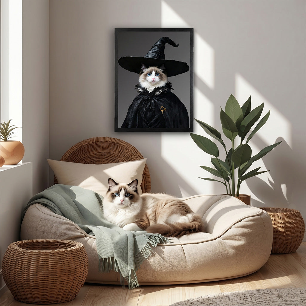 Custom witch pet portrait on wood shown in small and large size options side by side