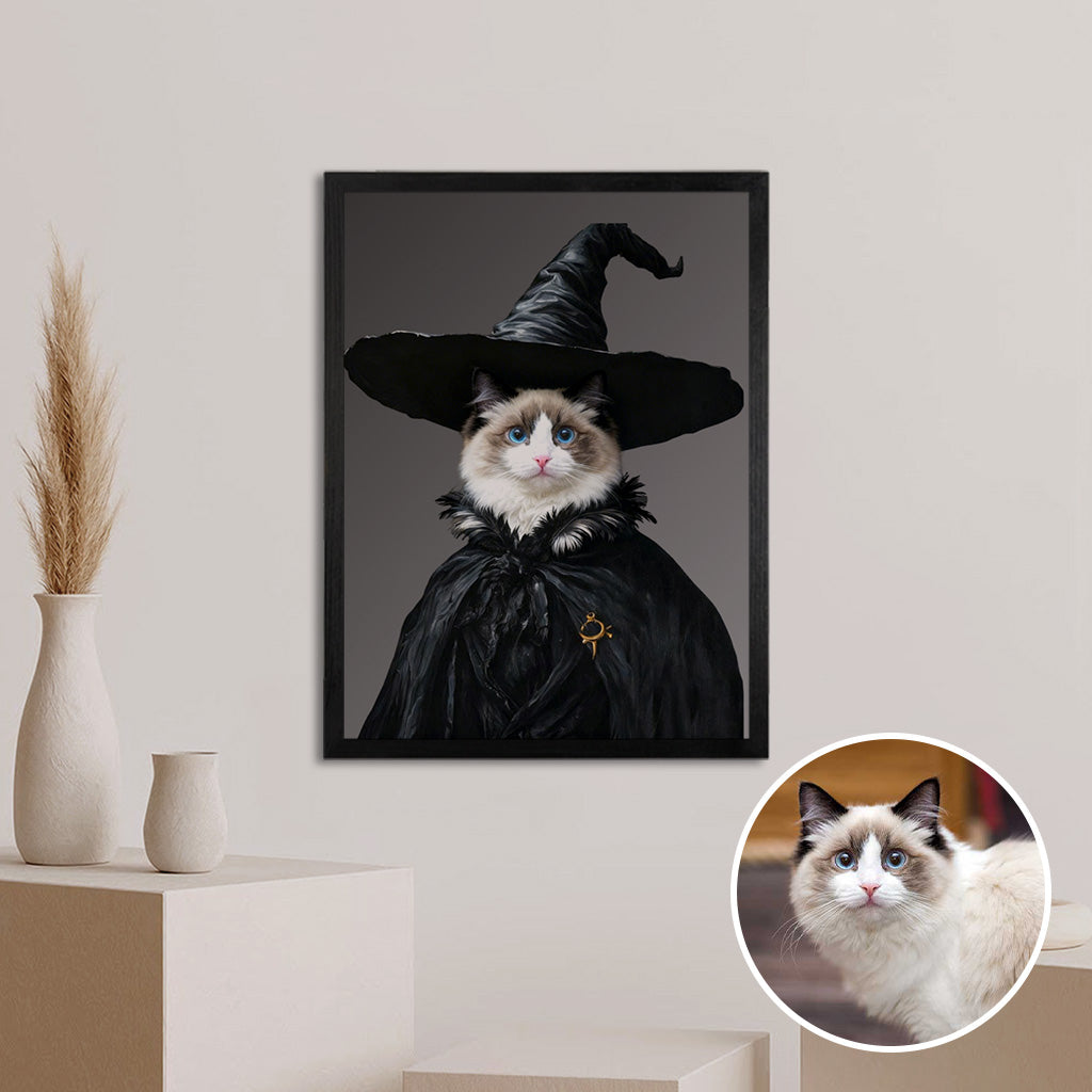 Halloween-themed custom pet witch portrait on wood panel displayed on a wall