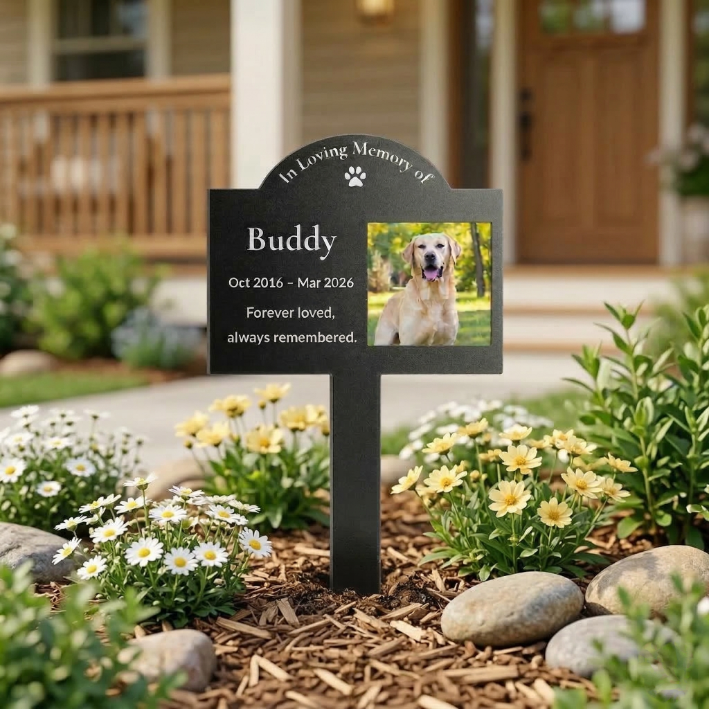 Personalized metal pet memorial garden stake with photo displayed in a front yard flower bed