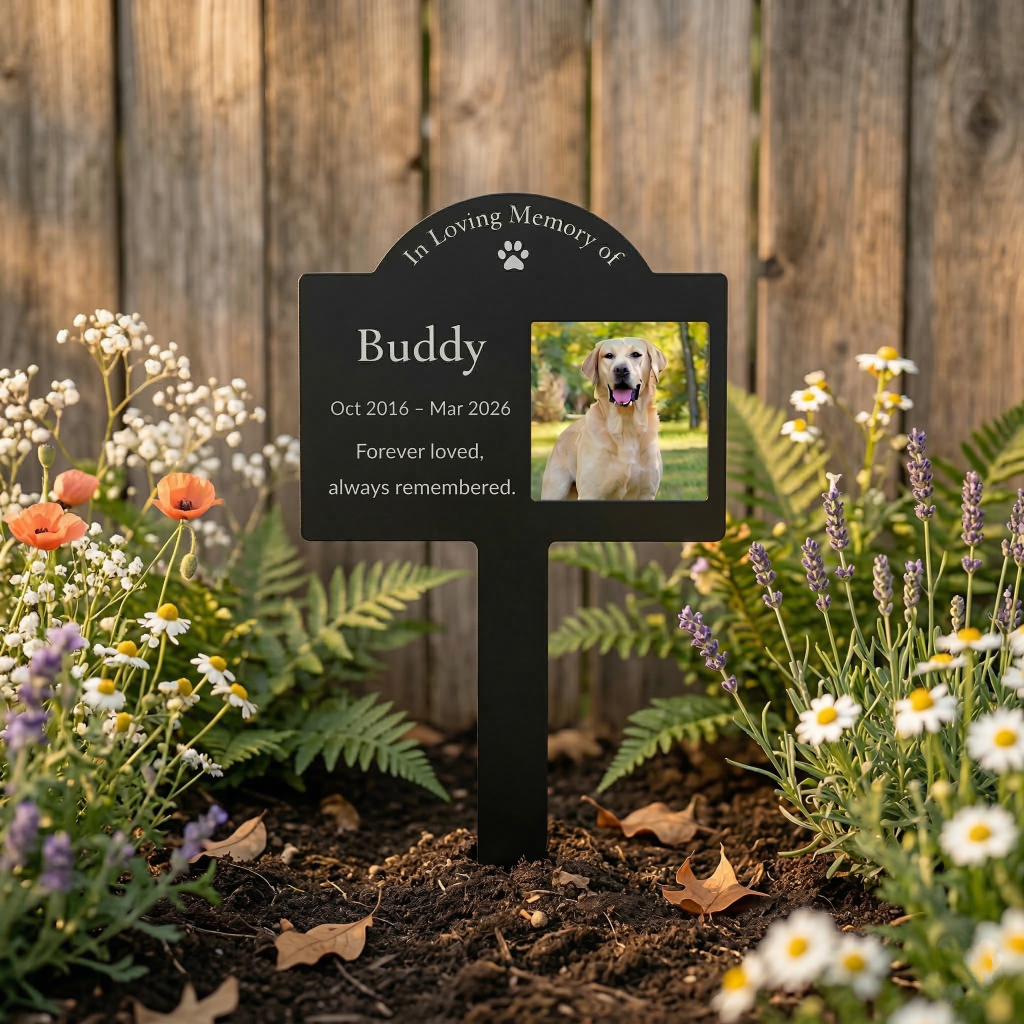 Personalized metal pet memorial garden stake standing in a backyard garden next to a wooden fence