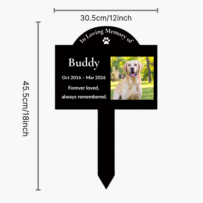 Size guide showing available dimensions for the personalized pet memorial garden stake