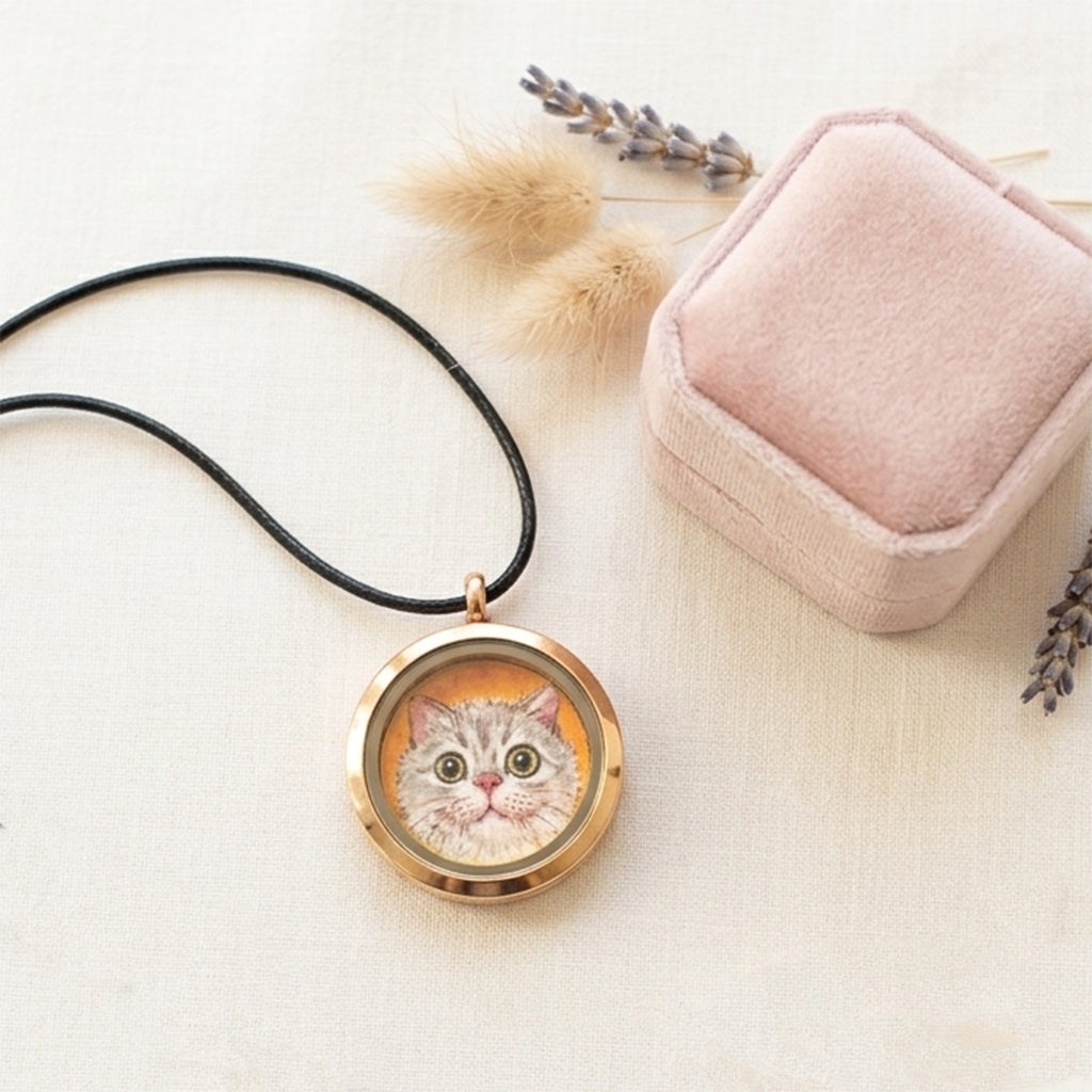 Person wearing a custom pet portrait locket necklace in silver finish as a sentimental gift