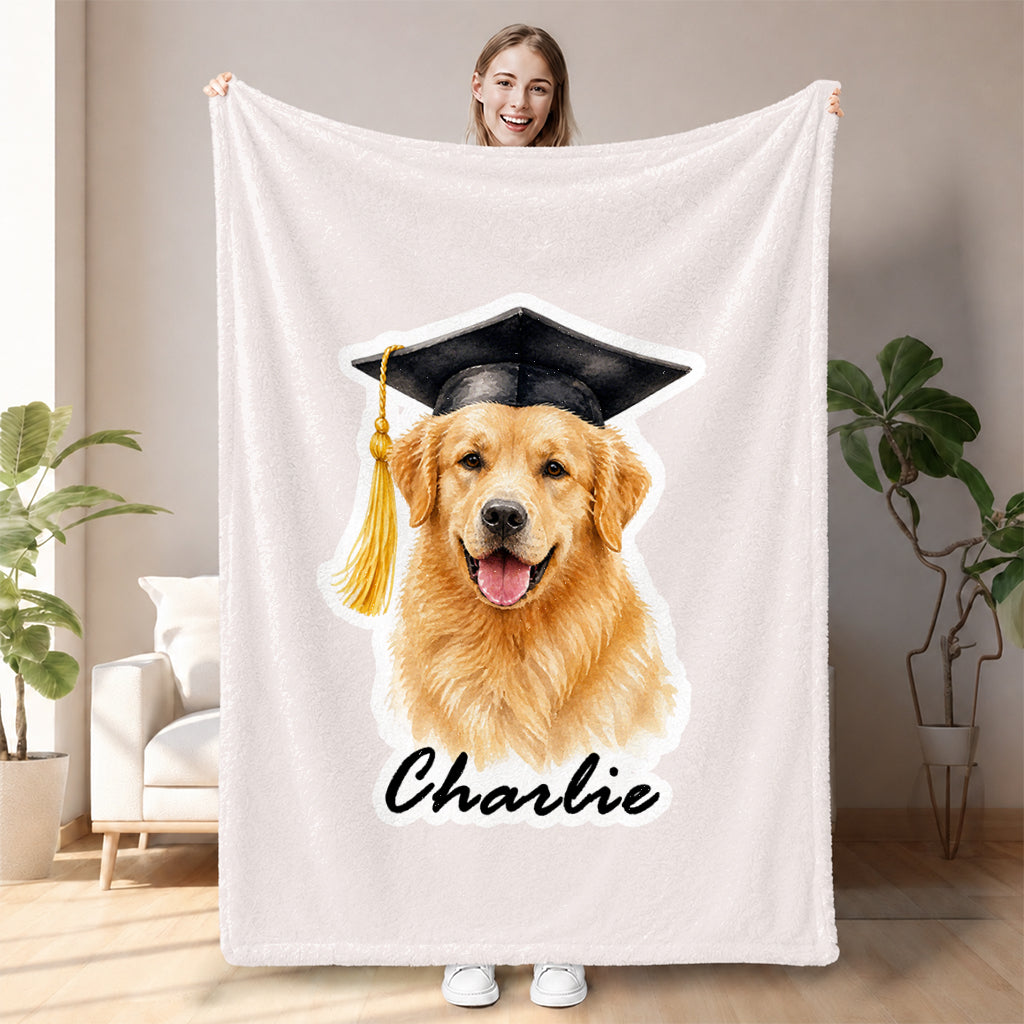 Custom dog graduation blanket with personalized dog photo and graduation cap as a fleece throw gift