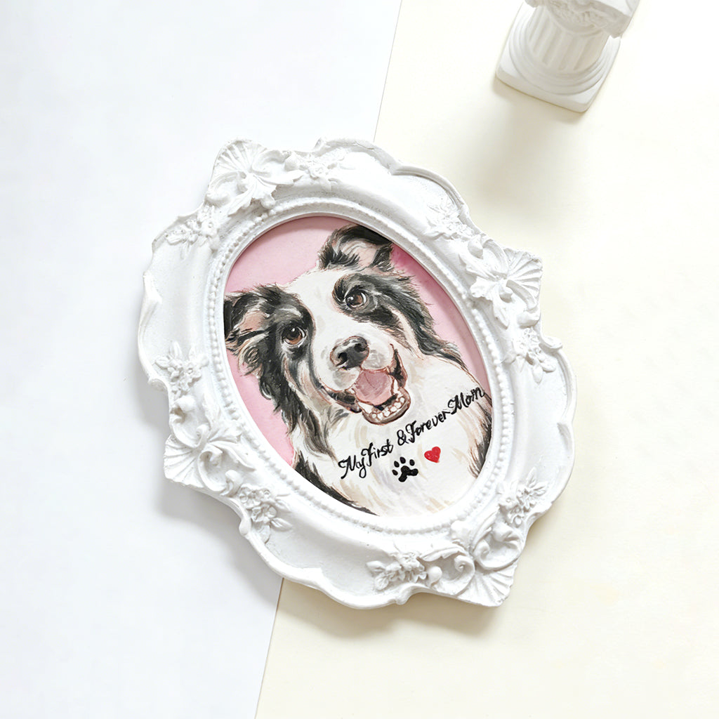 Personalized watercolor pet portrait in white frame shown as a gift for cat moms and dog moms
