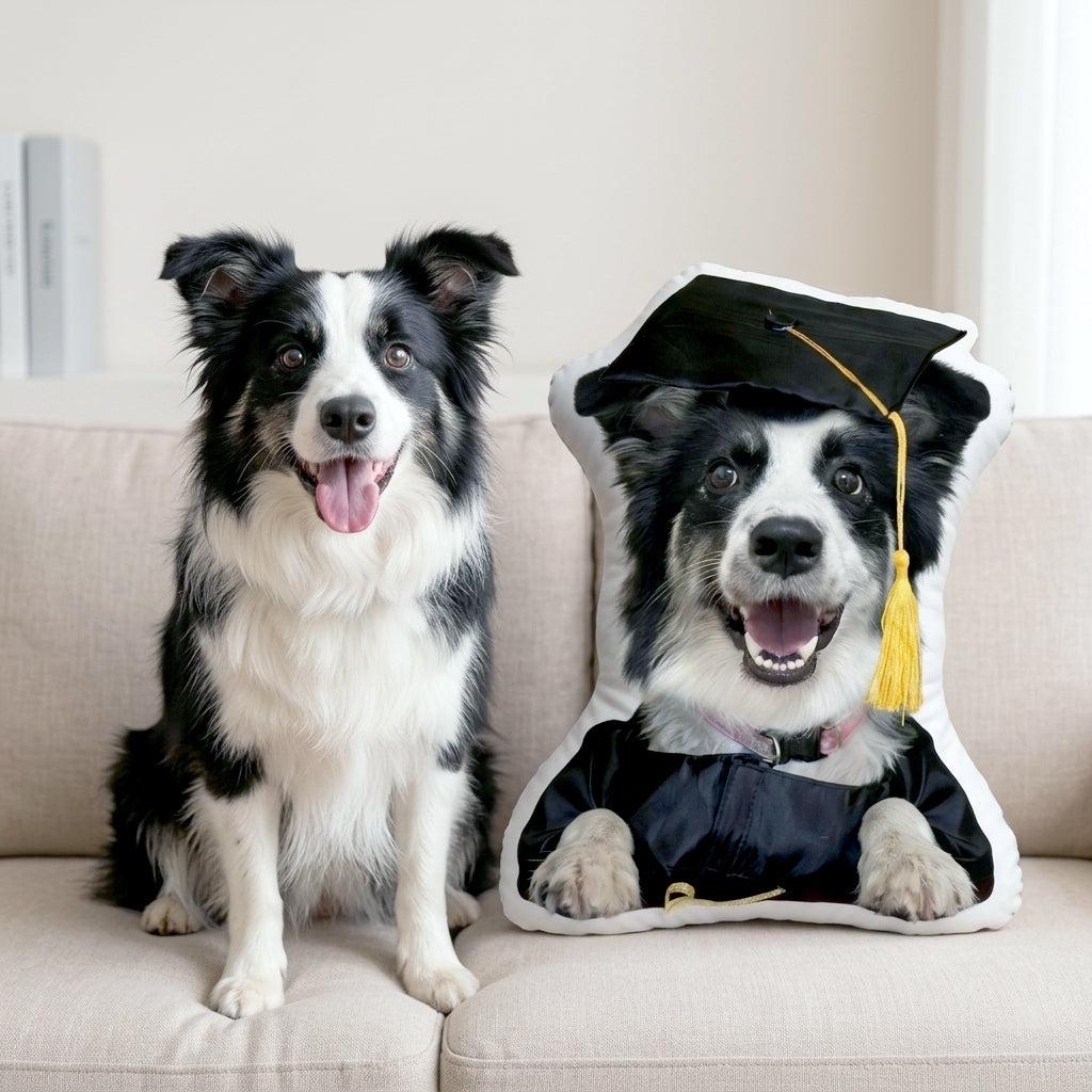Personalized pet graduation pillow displayed on a couch as a fun pet graduation keepsake