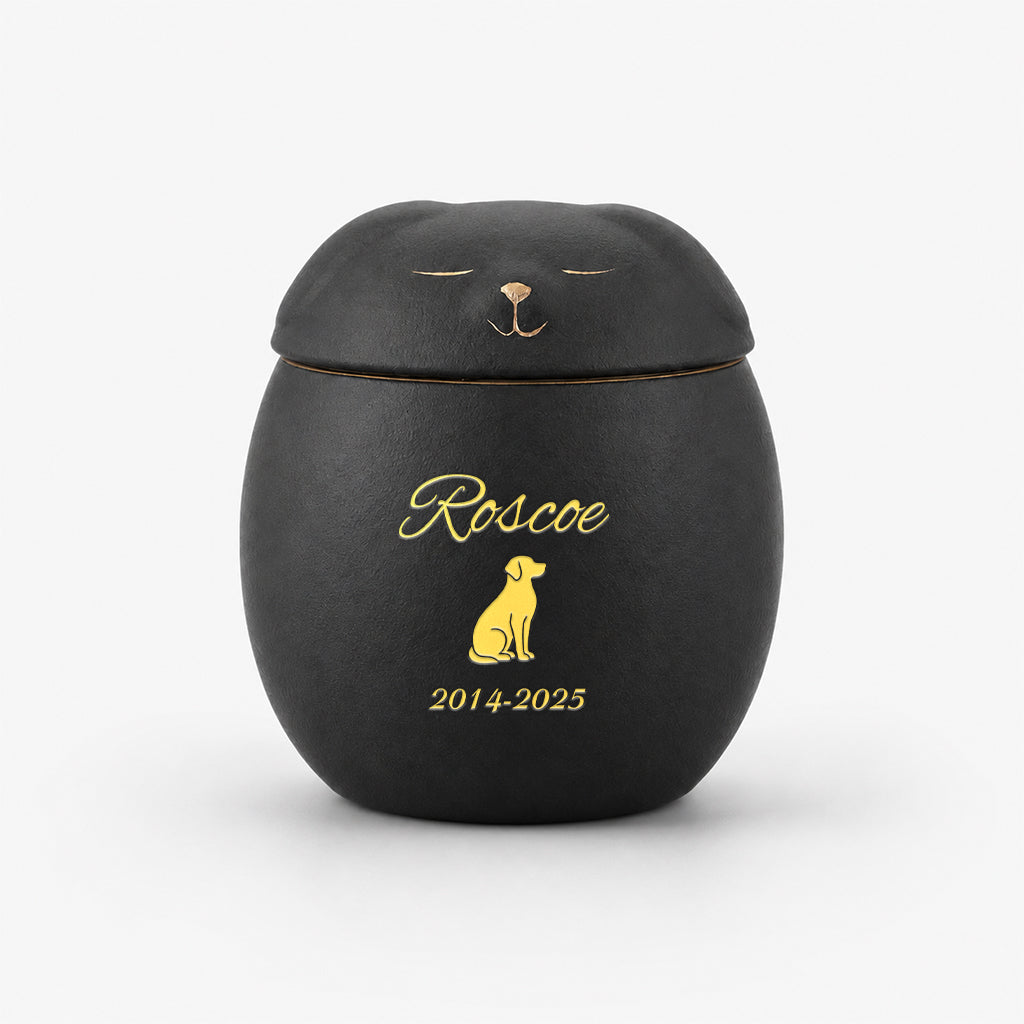 Dog keepsake urn shown in white and black ceramic finish options side by side