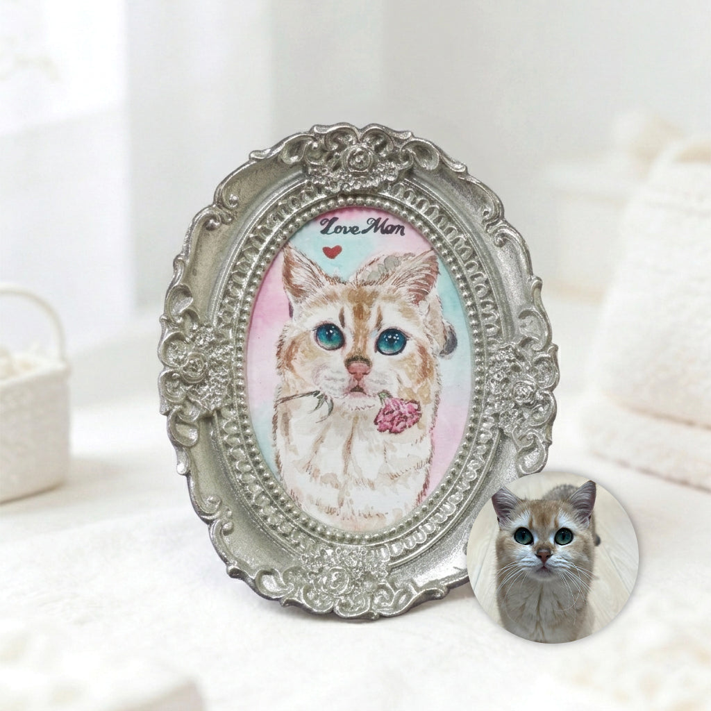 Close-up of hand-painted watercolor pet portrait showing soft brushstroke detail and warm tones