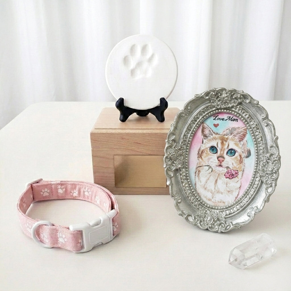 Framed custom watercolor pet portrait displayed on a wall as a personalized pet keepsake gift