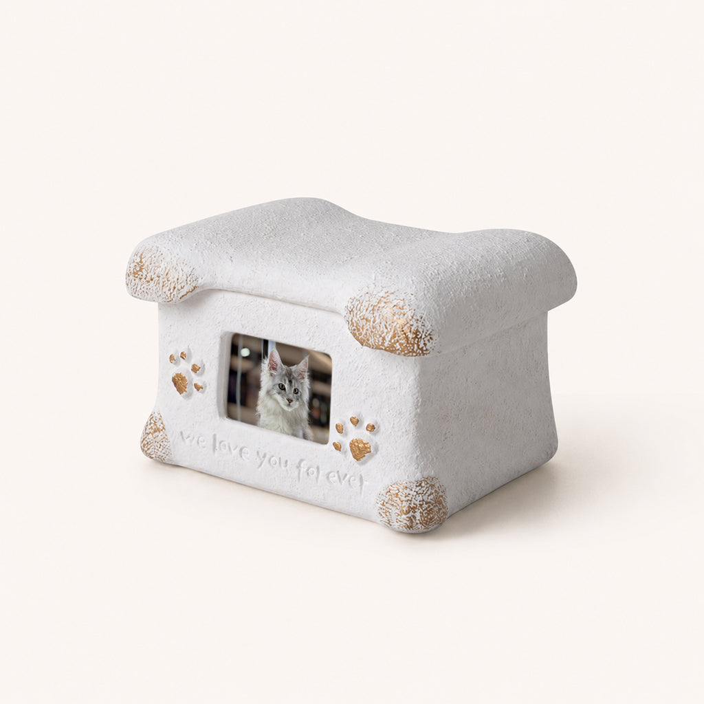 Cat memorial cement urn box shown in white, black, and grey finish options