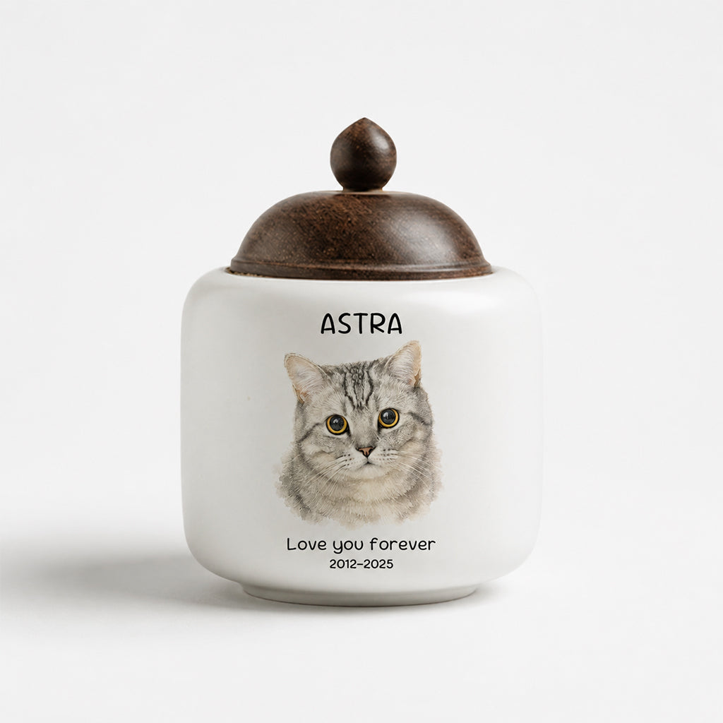Top-down view of custom cat cremation urn showing natural wood lid and ceramic jar opening