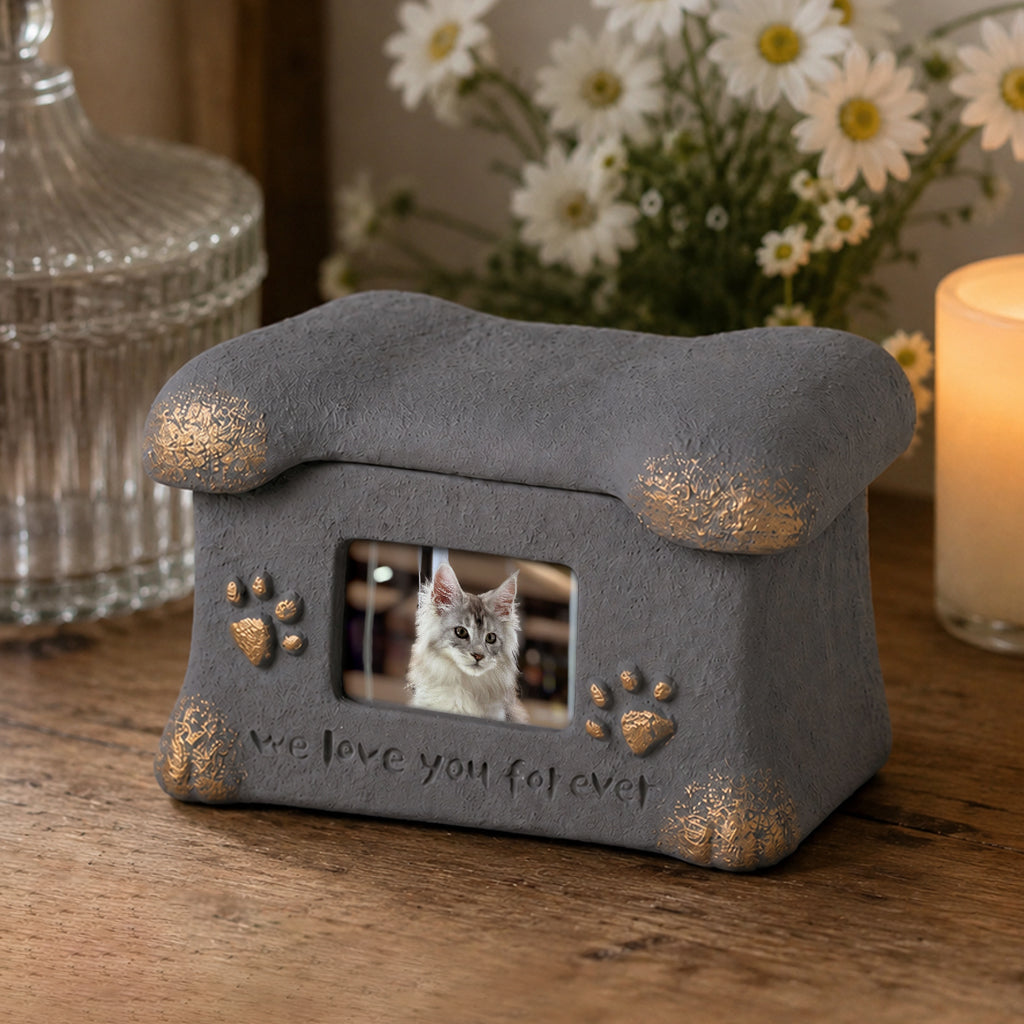 Cat cremation urn memorial box displayed on a shelf with a framed cat photo visible on the front