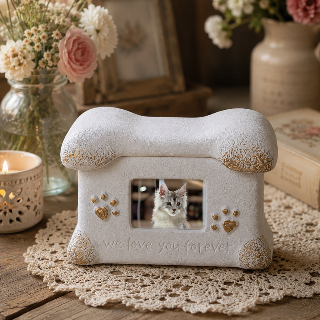 Personalized cement cat cremation urn box with built-in photo frame showing cat portrait on front