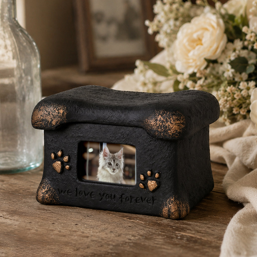 Side view of cat memorial cement box showing photo frame inset and smooth finish
