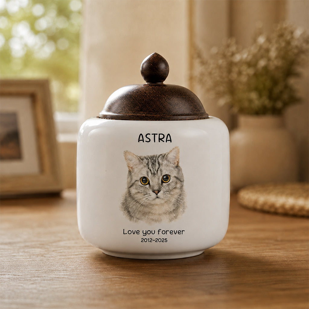 Custom cat cremation urn with soft watercolor cat portrait and engraved name on a white ceramic jar with natural wood lid