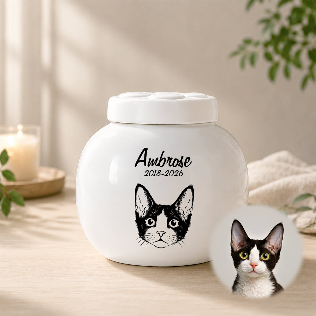 Cat cremation urn with personalized portrait displayed on a shelf as a cat memorial keepsake