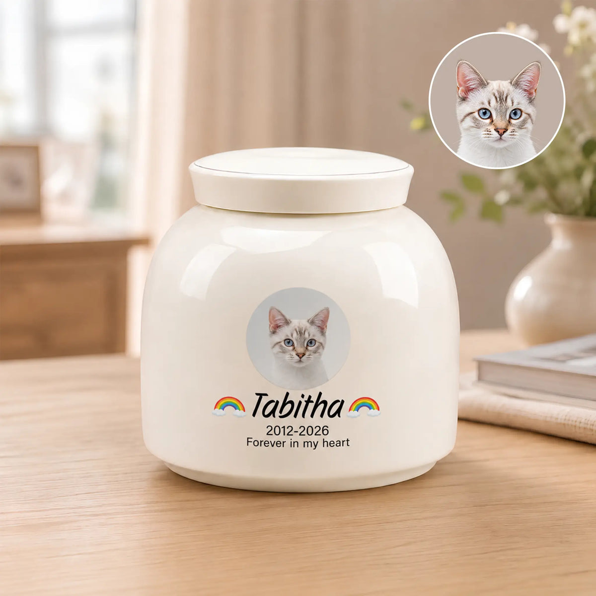 Cream ceramic rainbow cat urn shown with the original cat photo used for the printed circle on the front