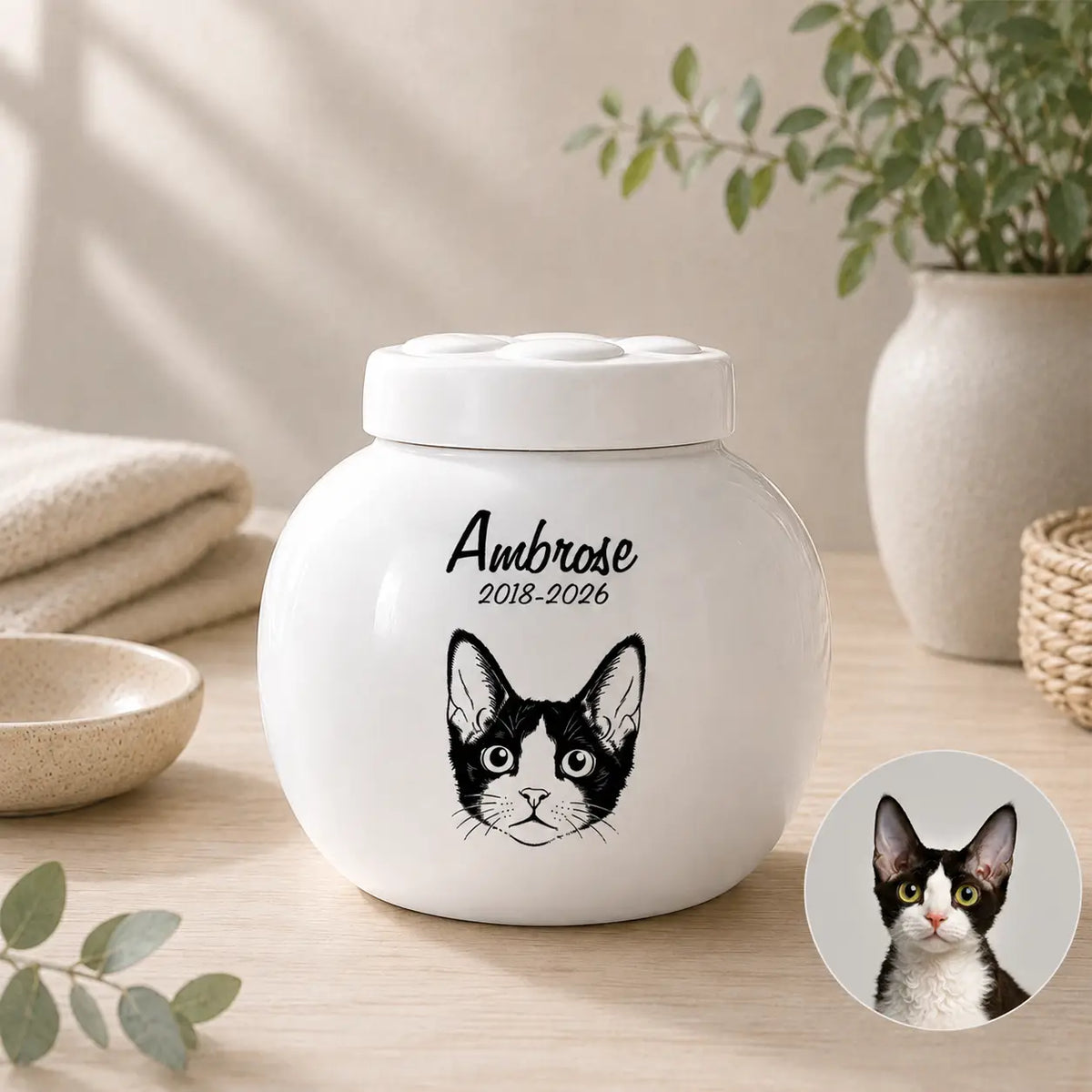 Line art cat urn shown beside the customer photo it was made from, with the cat's name and years on white ceramic
