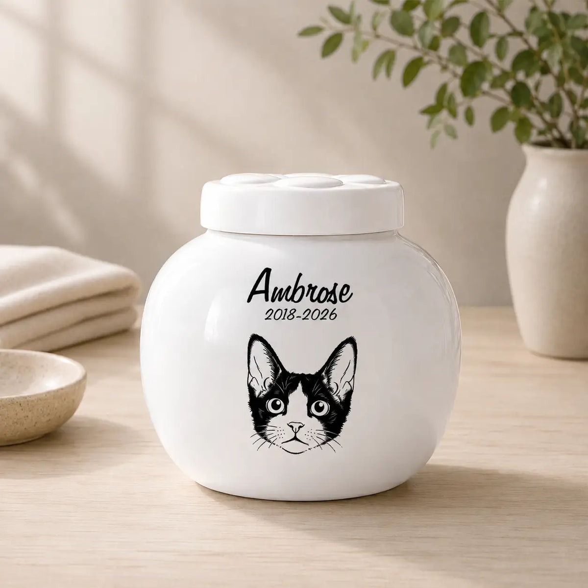 Custom cat cremation urn in white ceramic with a line art cat portrait, pet name and memorial dates, paw-print lid
