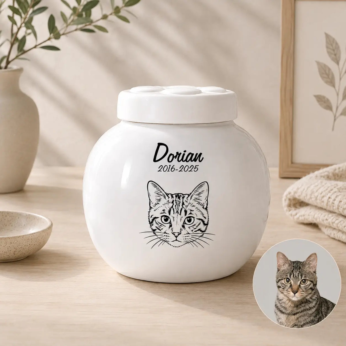 Realistic black and white cat portrait urn next to the original pet photo used for the custom artwork