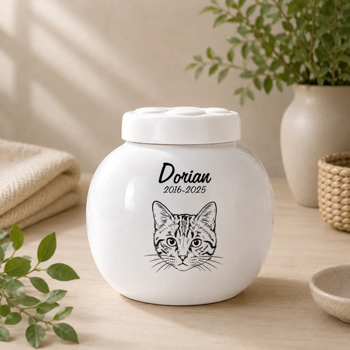 Cat cremation urn with a detailed black and white realistic cat portrait, name and dates on a round white ceramic jar