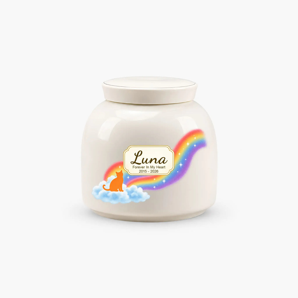 Rainbow bridge cat cremation urn in cream ceramic, with a cat on a cloud, rainbow and personalized nameplate