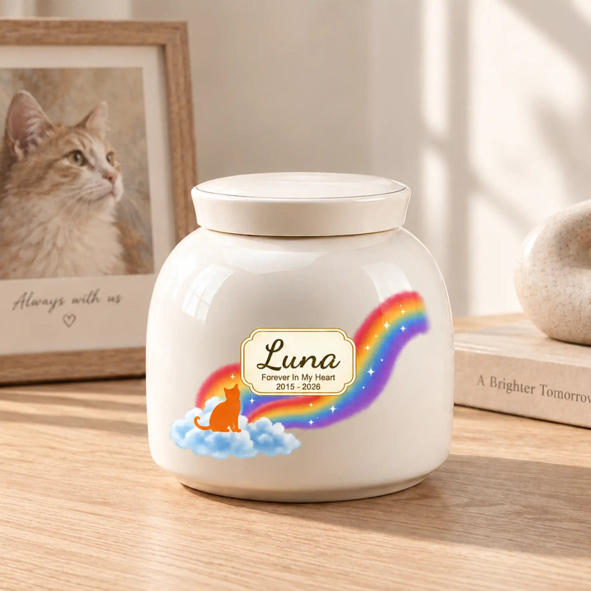 Rainbow bridge cat urn on a shelf beside a framed cat photo, showing the printed name, years and memorial line