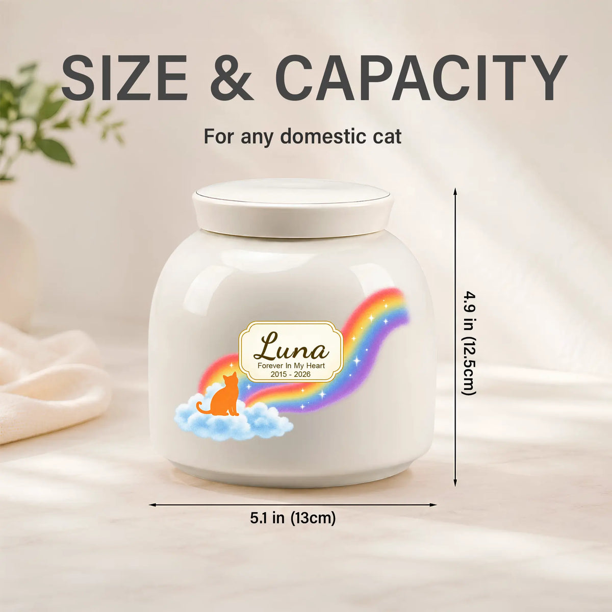 Rainbow bridge cat urn size chart: 5.1 in (13 cm) wide, 4.9 in (12.5 cm) tall, sized for any domestic cat
