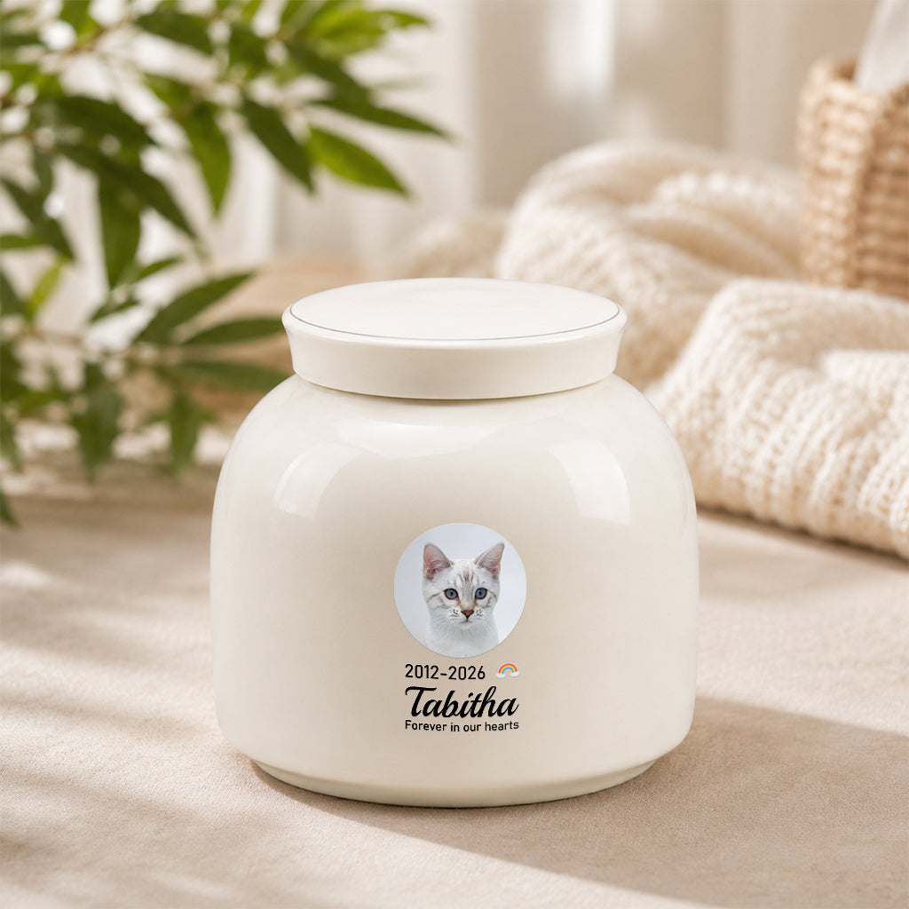 Cream-white round ceramic cat cremation urn with circular cat photo, name, and memorial dates on front