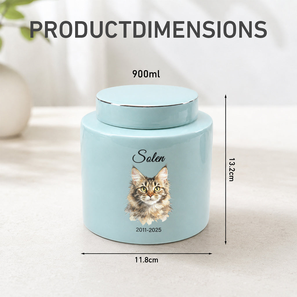 Teal cat cremation urn displayed on a wooden surface as a personalized cat memorial keepsake