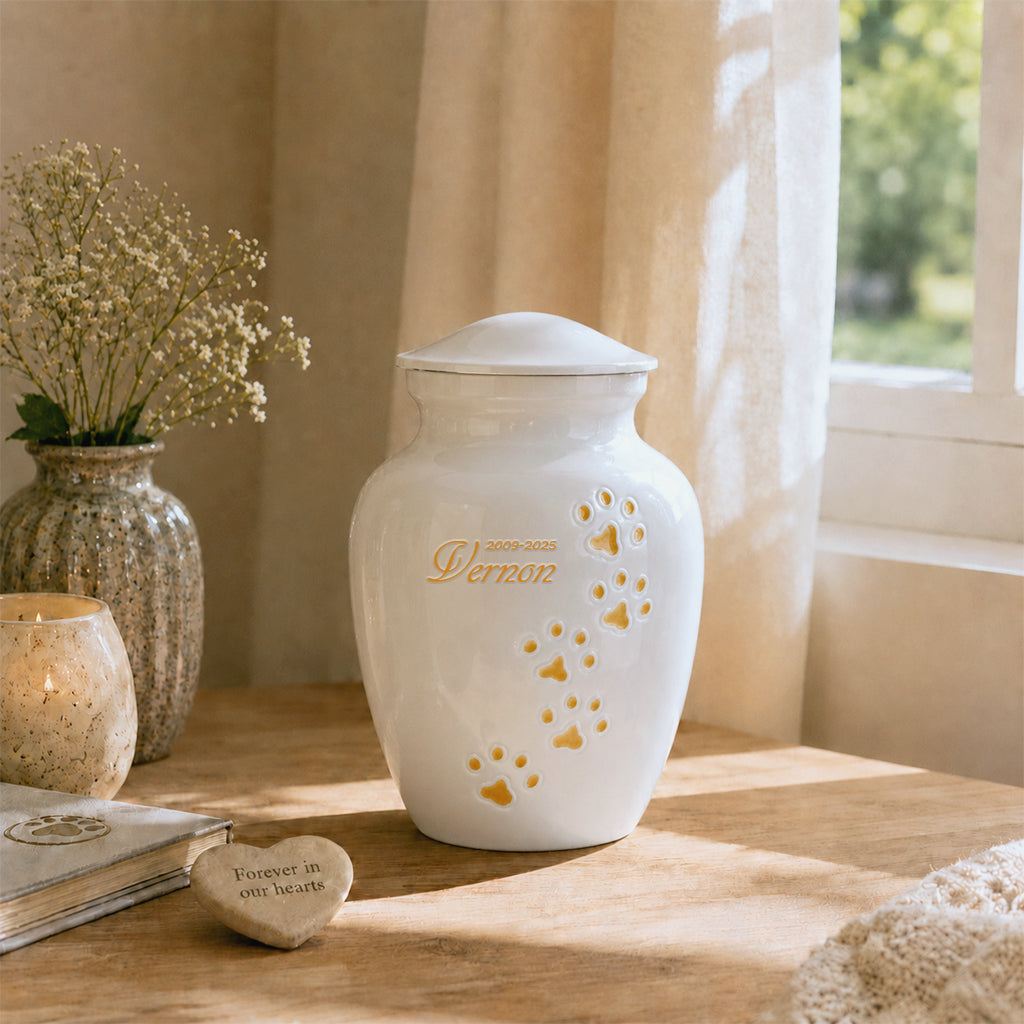 Custom Pet Cremation Urn – Paw Print with Name & Dates