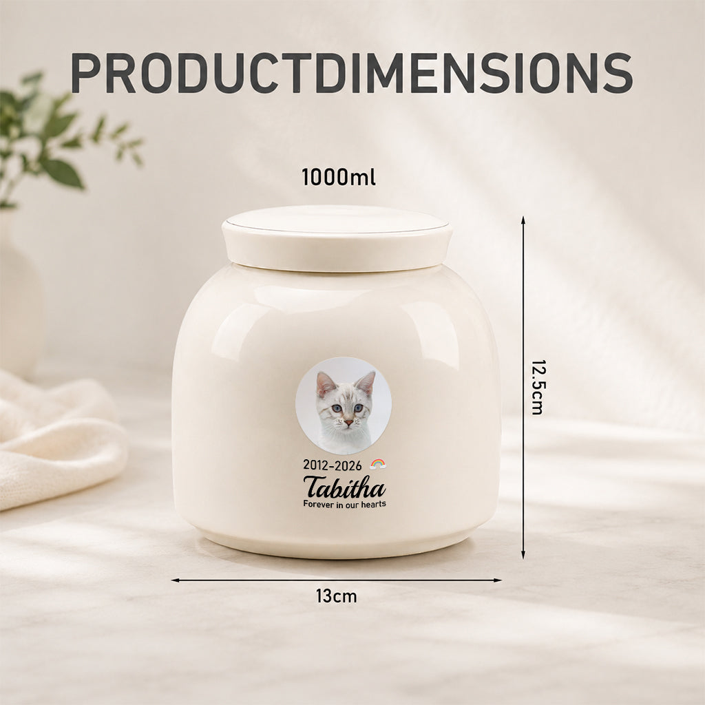 Cat cremation photo urn displayed on a shelf as a personalized cat memorial keepsake