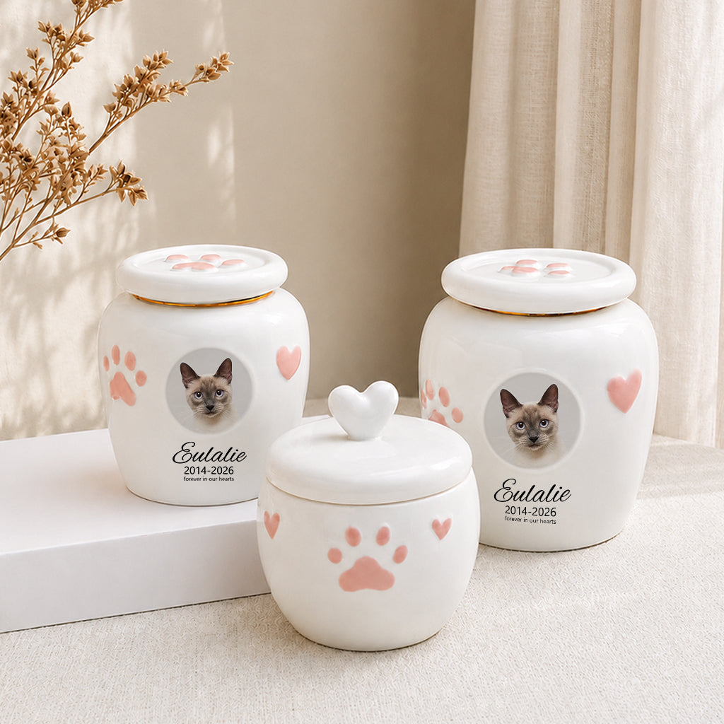 Back of cat cremation urn with photo window showing personalized name and custom message text