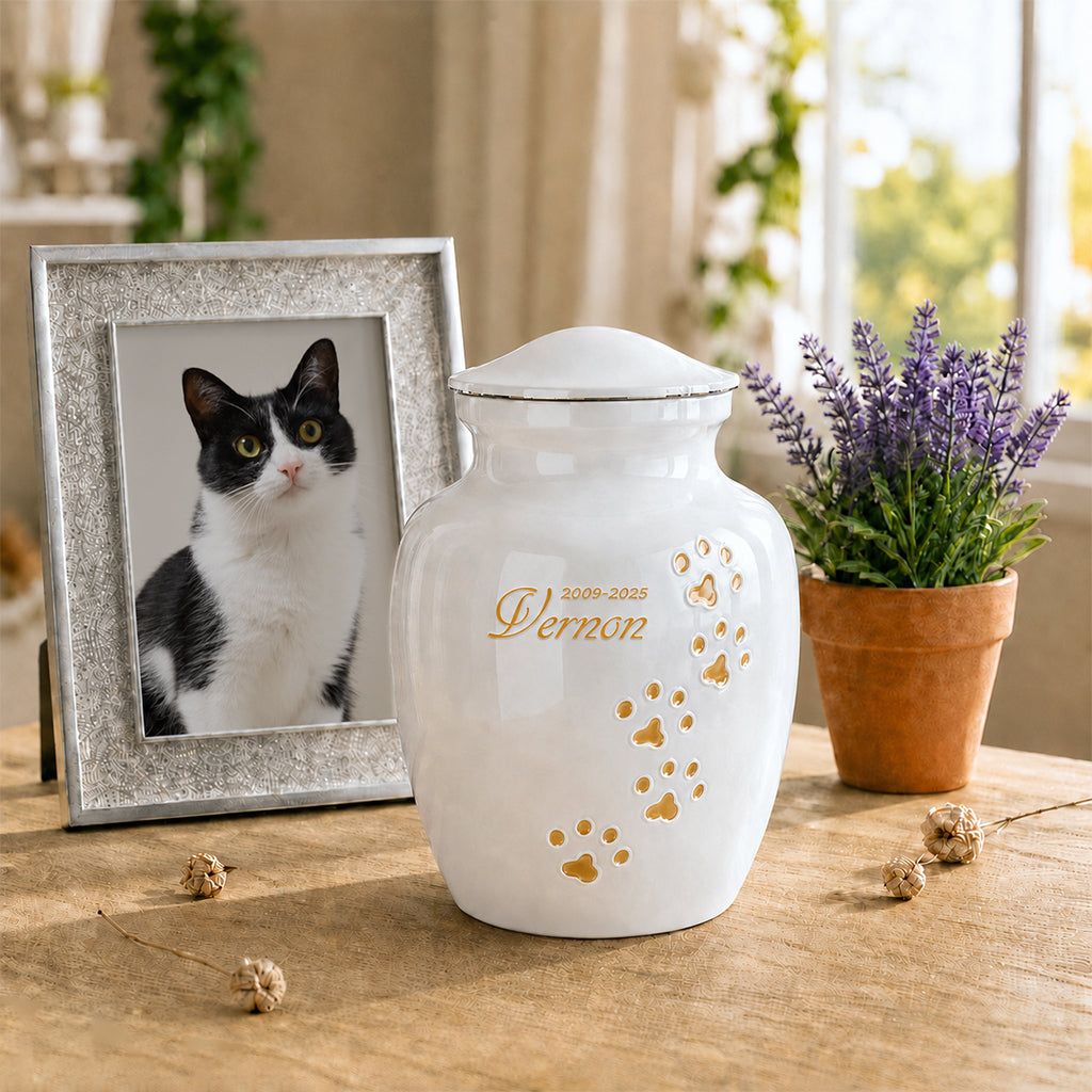 Custom Pet Cremation Urn – Paw Print with Name & Dates