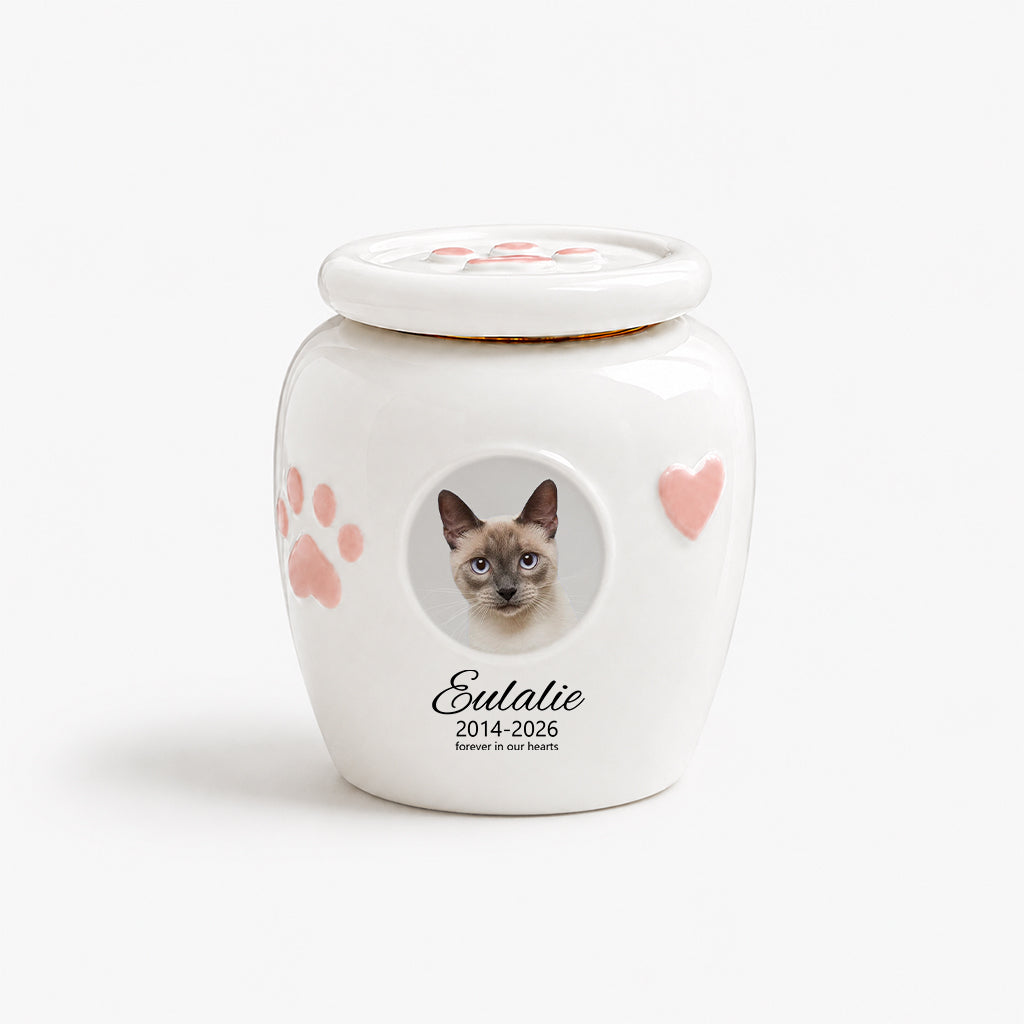 Cat cremation urn with photo window shown in lifestyle setting on a nightstand