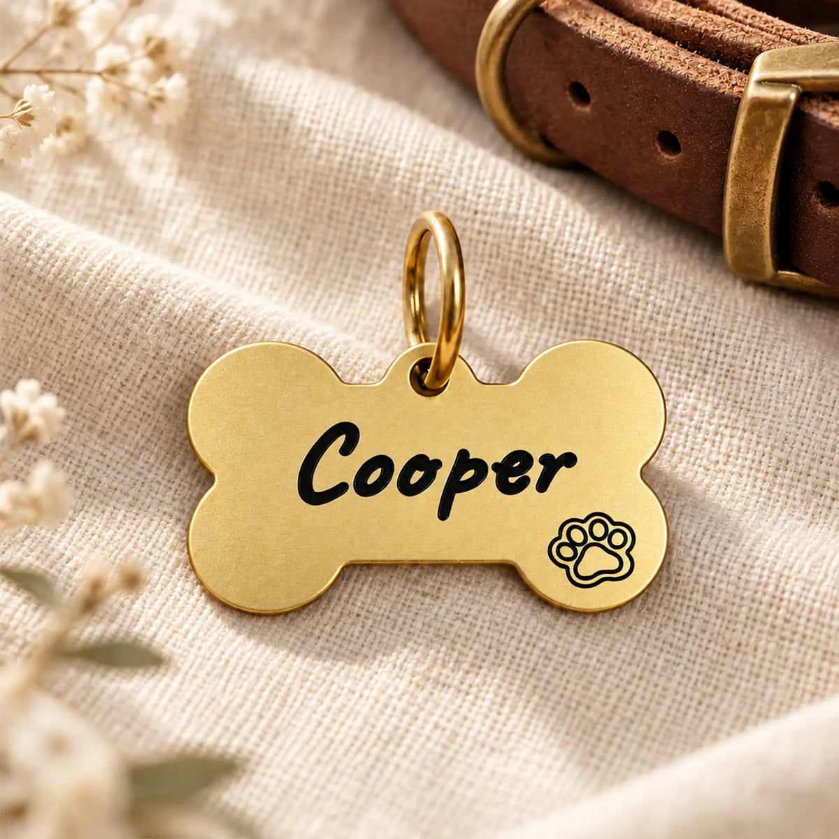 Classic Script Personalized Bone Dog ID Tag – Gold Tone