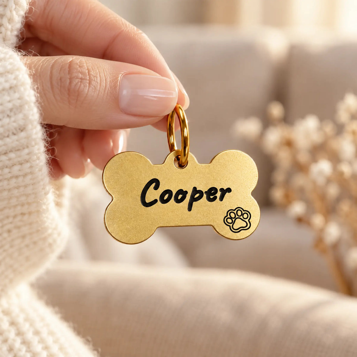 Classic Script Personalized Bone Dog ID Tag – Gold Tone
