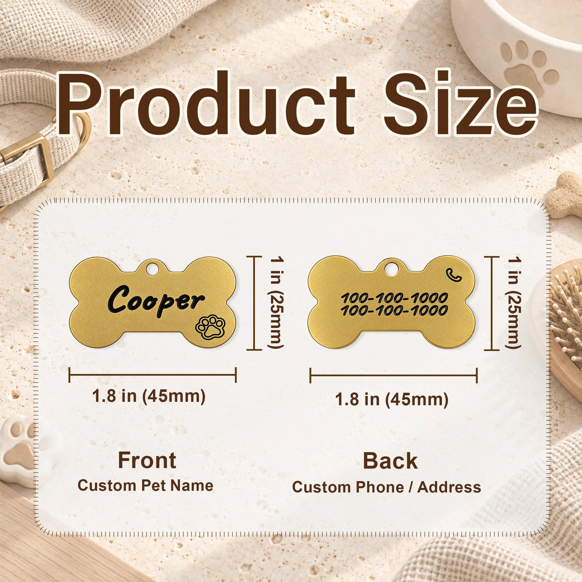 Classic Script Personalized Bone Dog ID Tag – Gold Tone
