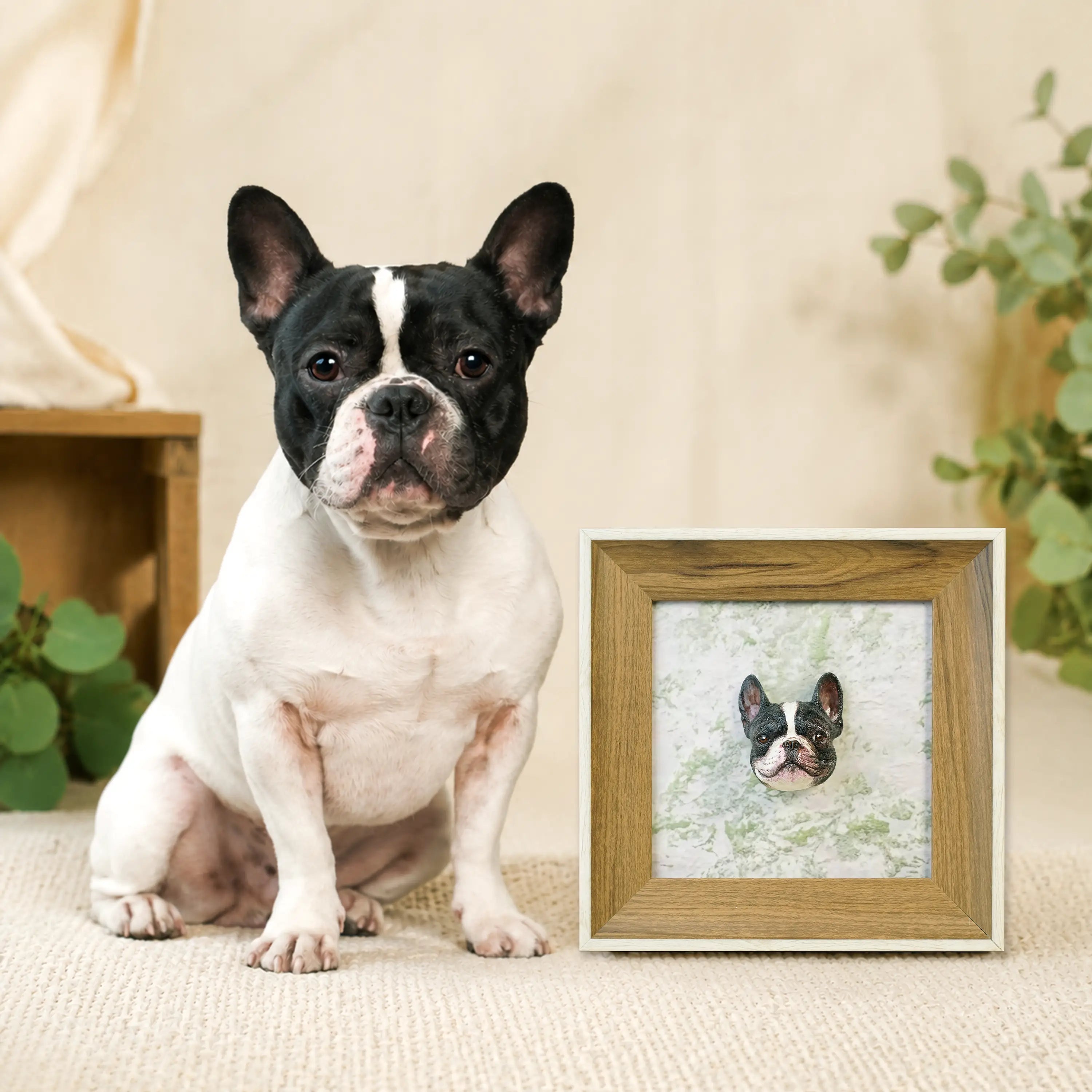 French Bulldog sitting beside a custom 3D pet portrait frame with a hand-painted sculpture of the same dog