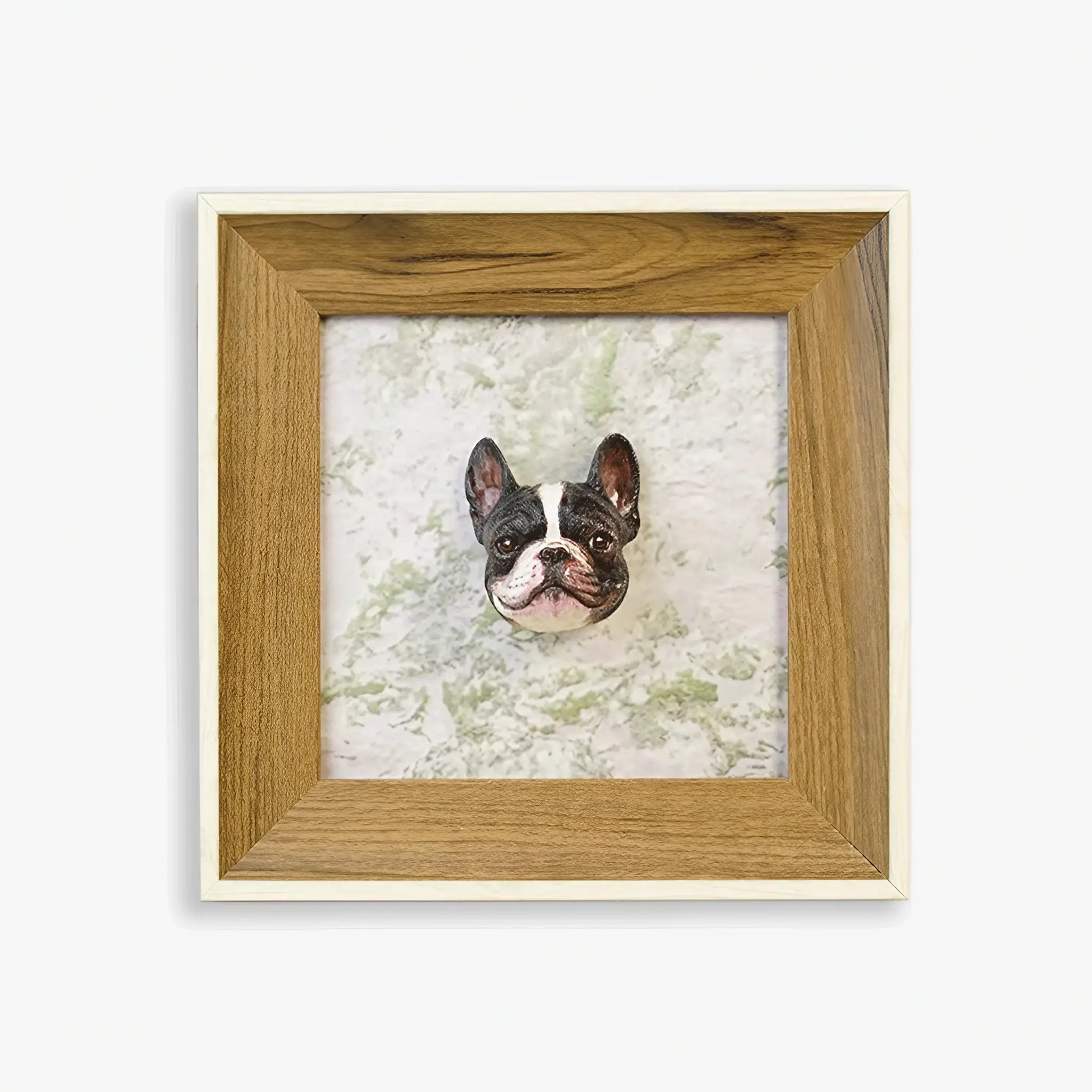 Custom 3D pet portrait frame with a hand-painted French Bulldog sculpture in a solid wood frame